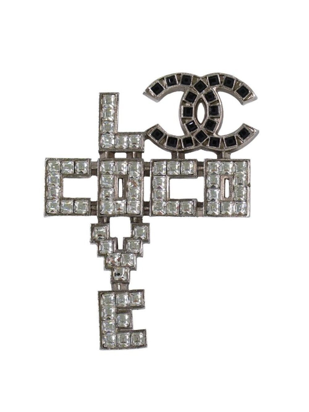 Chanel Love CC Logo Rhinestone Brooch Metal Silver Black